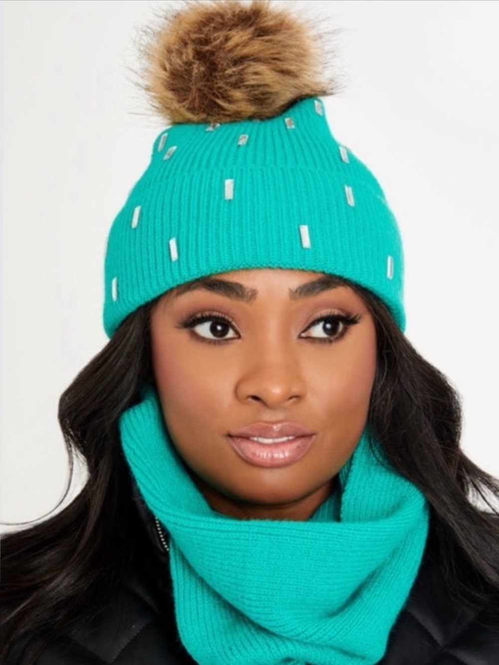 NWT Ashley Stewart Embellished Knit Beanie and Scarf Set